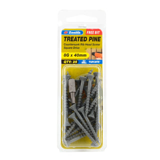Zenith 8G x 40mm Tufcote® Countersunk Rib Head Treated Pine Screws - 25 Pack