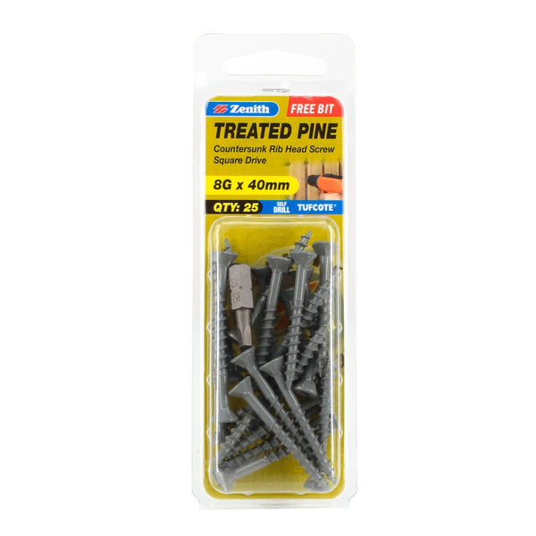 Zenith 8G x 40mm Tufcote® Countersunk Rib Head Treated Pine Screws - 25 Pack