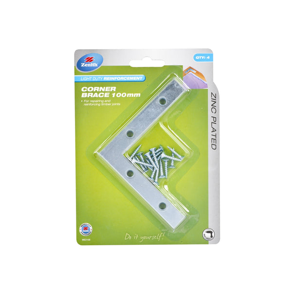 Zenith 100mm Zinc Plated Corner Brace Bracket - 4 Pack