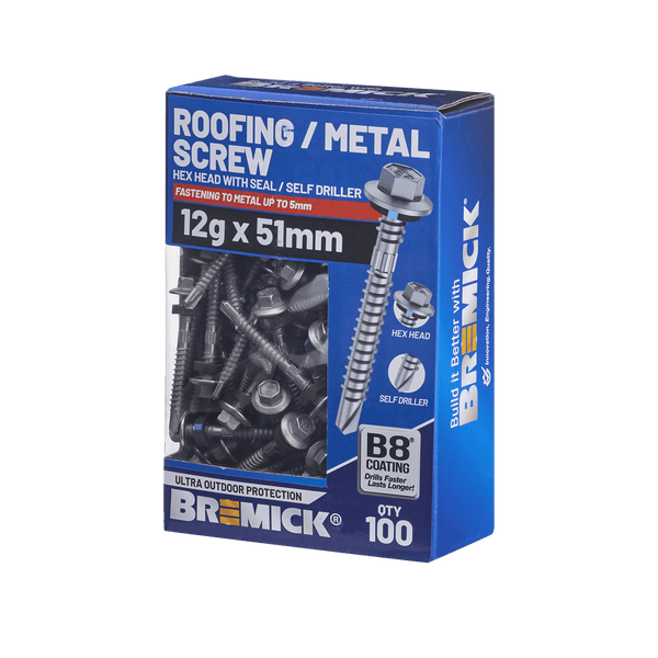 Bremick Hex Roofing Screw 12g x 51mm B8 BOX 100