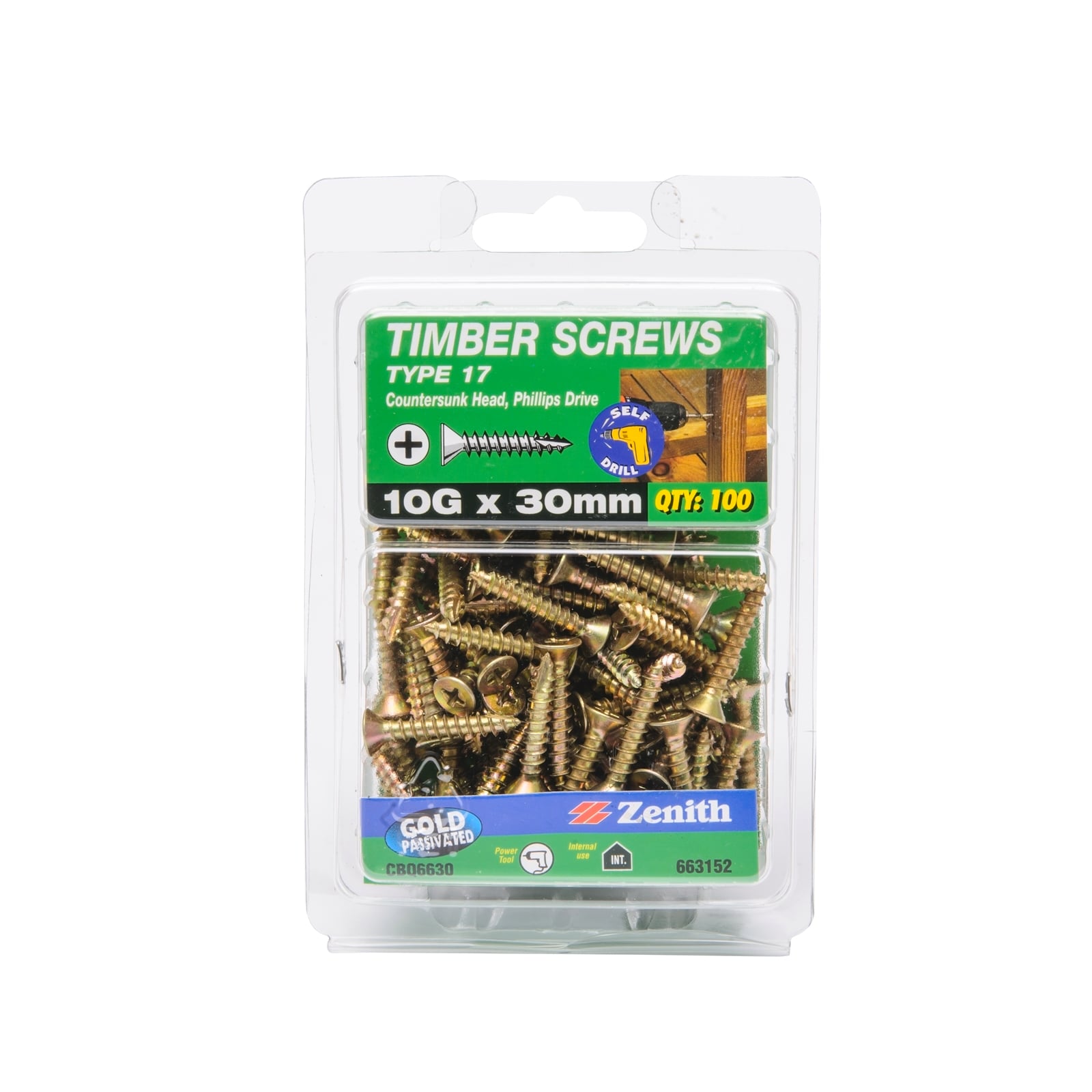 Zenith 10G x 30mm Gold Passivated Type 17 Countersunk Head Timber Screws - 100 Pack - Image 1 of 1