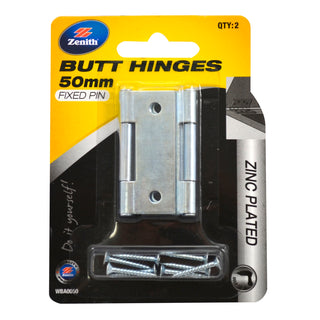 Lane 50mm Zinc Plated Fixed Pin Butt Hinge - 2 Pack