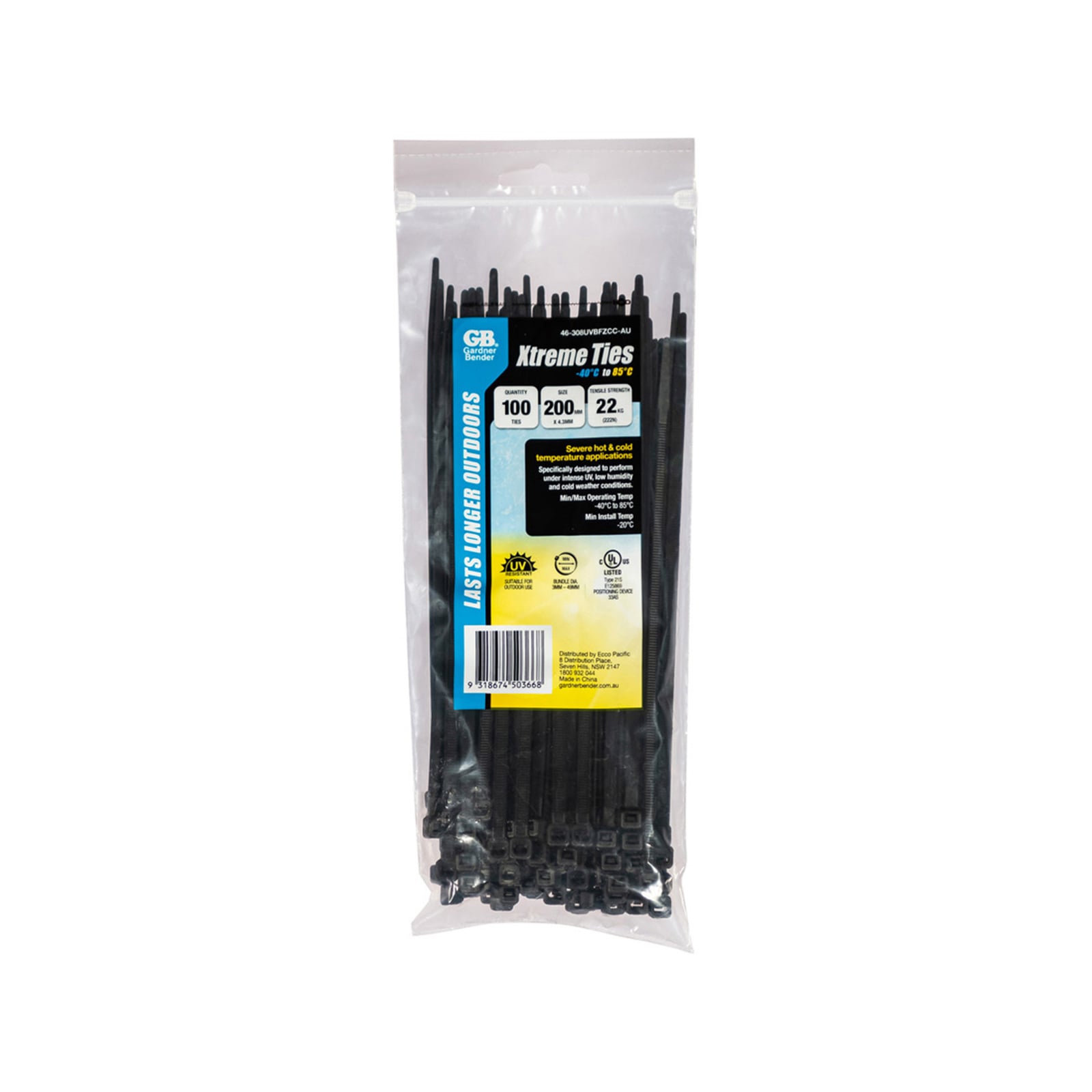 Gardner Bender 200 x 4.3mm Black Xtreme Cable Ties - 100 Pack - Image 1 of 5