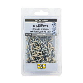 Otter Paperbark® 3.2 x 0.8-4.8mm Multi-Grip Open Aluminium Blind Rivets - 100 Pack
