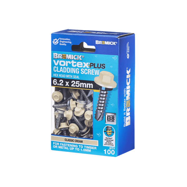 Bremick Vortex Plus Cladding Screw 6.2 x 25mm HEX B8 CC BX100