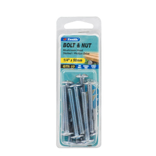 Zenith 1/4" x 50mm Zinc Plated Mushroom Head Bolt And Nut - 10 Pack