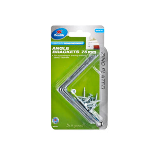 Zenith 75mm Zinc Plated Angle Brackets - 4 Pack
