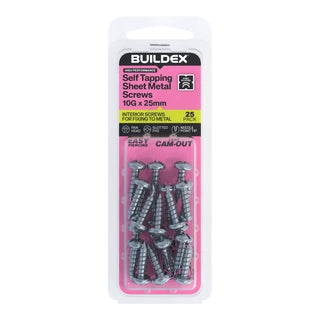 Buildex 10G x 25mm Zinc Plated Self Tapping Sheet Metal Screws - 25 Pack