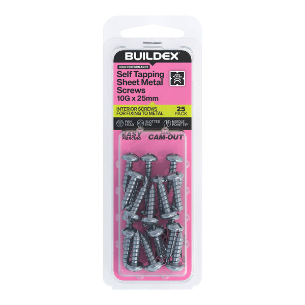 Buildex 10G x 25mm Zinc Plated Self Tapping Sheet Metal Screws - 25 Pack