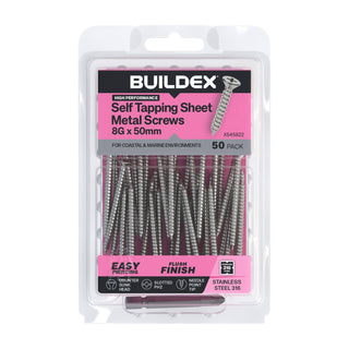 Buildex 8G x 50mm SS316 Self Tapping Sheet Metal Screws - 50 Pack