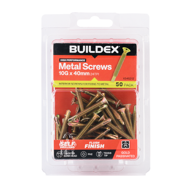 Buildex 10G x 40mm Gold Passivated Sheet Metal Screws - 50 Pack