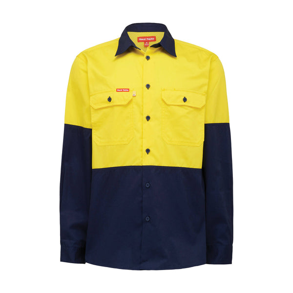 Hard Yakka Yellow/Navy Hi Vis Long Sleeve Shirt - Size L