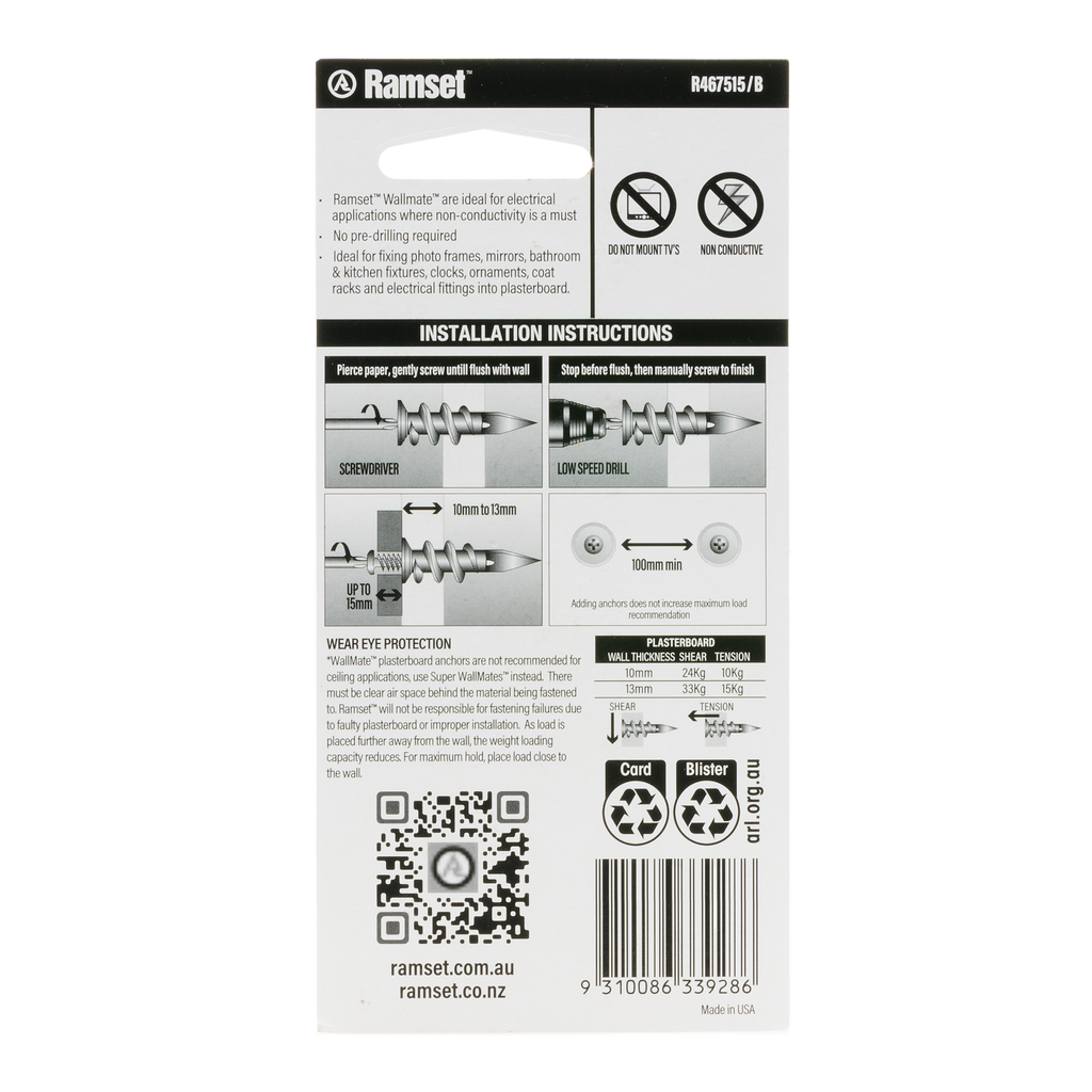 Ramset Nylon WallMate Plasterboard Anchor with Screws – 10 Pack - Image 2 of 4