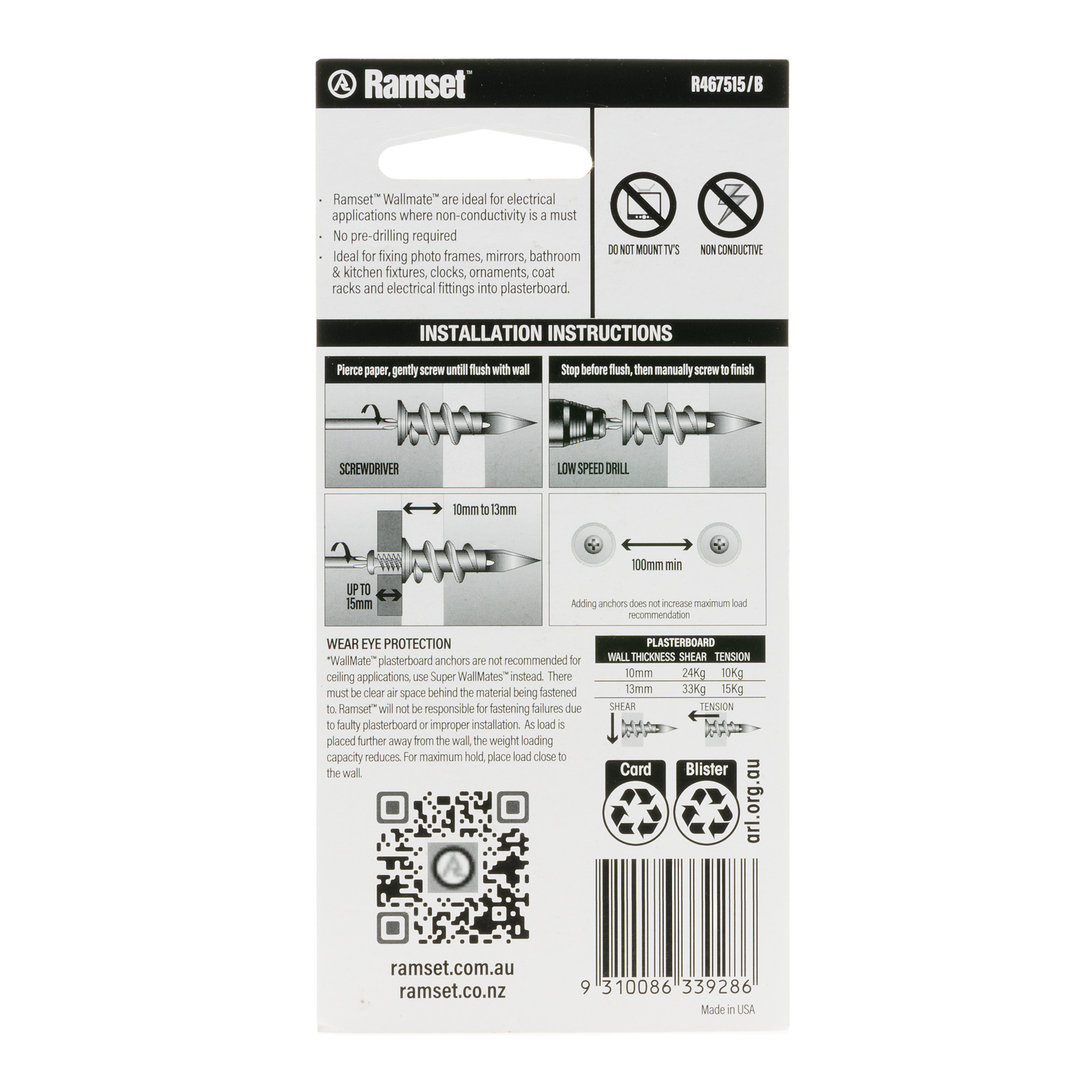 Ramset Nylon WallMate Plasterboard Anchor with Screws – 10 Pack - Image 2 of 4