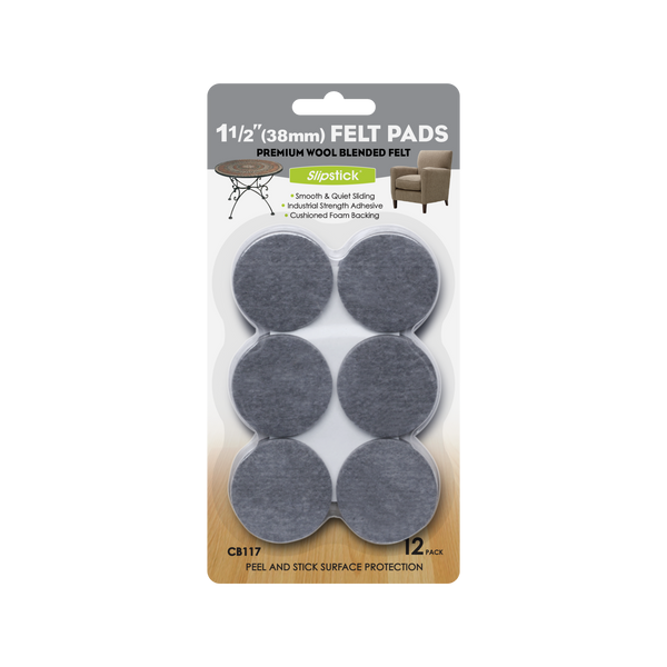 Slipstick 38mm Grey Round Premium Wool Blended Floor Protection Felt Pads - 12 Pack