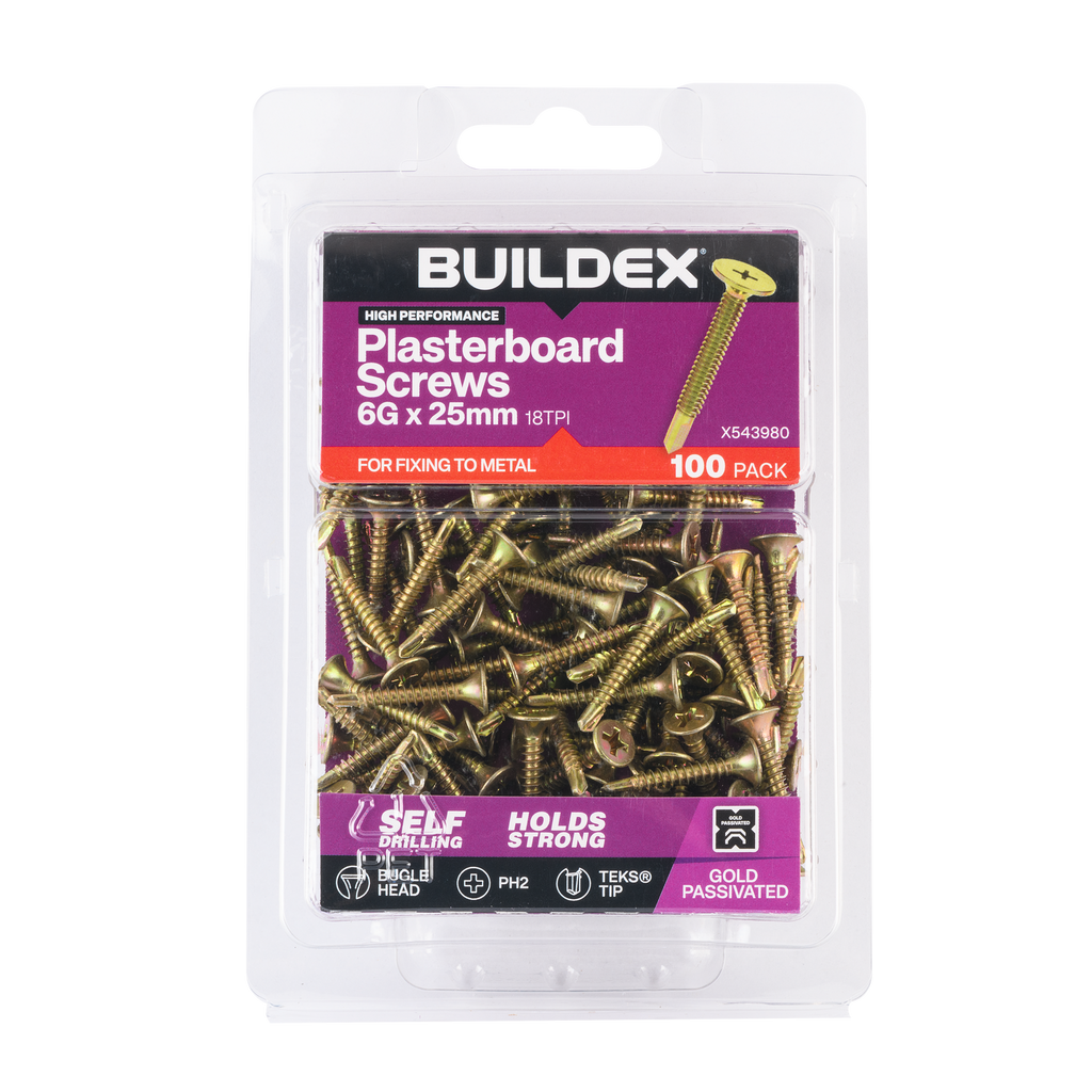 Buildex 6G x 25mm Gold Passivated Plasterboard Screws TEKS® Tip - 100 Pack - Image 1 of 3