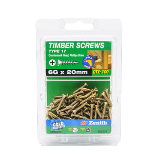 Zenith 6G x 20mm Gold Passivated Type 17 Countersunk Head Timber Screws - 100 Pack