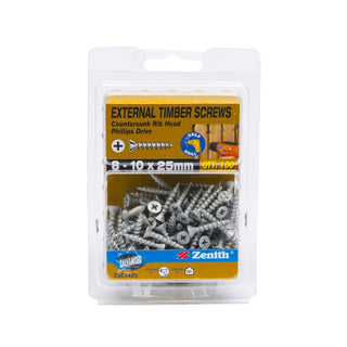 Zenith 8 - 10 x 25mm Galvanised Countersunk Ribbed Head Timber Screws - 100 Pack