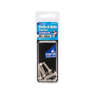 Zenith M5 x 20mm 316 Stainless Steel Round Head Bolt And Nut - 6 Pack