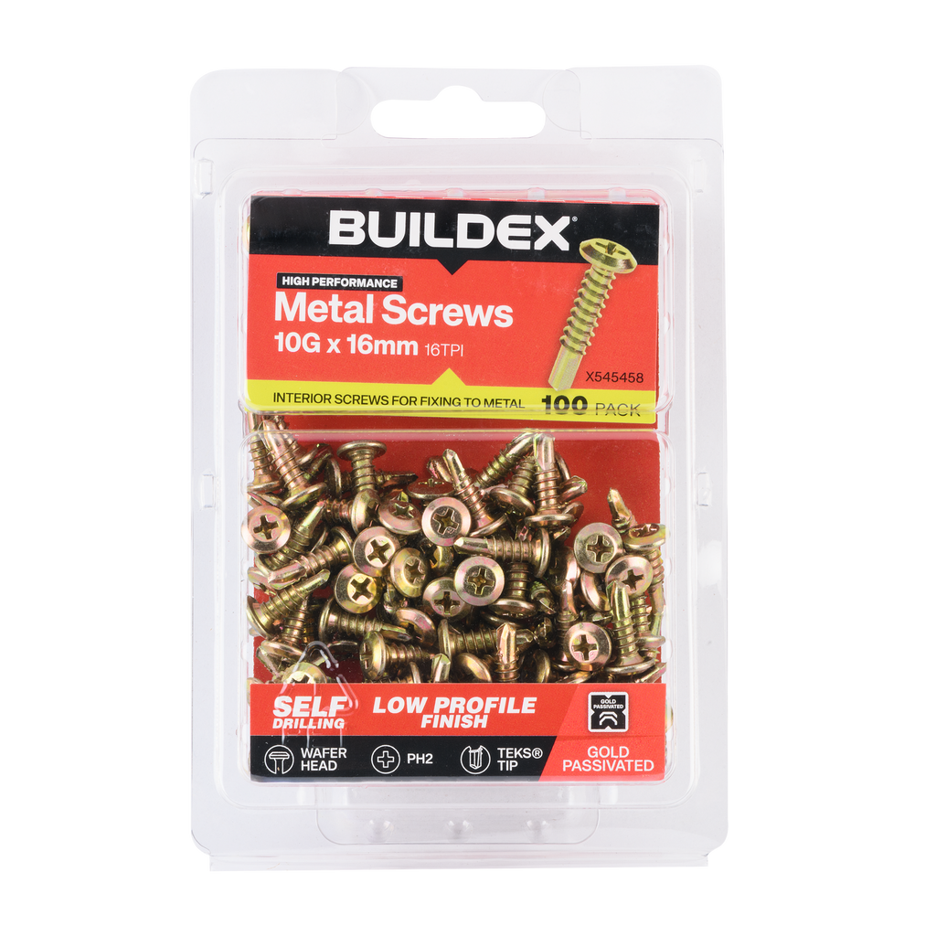 Buildex 10G x 16mm Gold Passivated Sheet Metal Screws - 100 Pack - Image 1 of 9