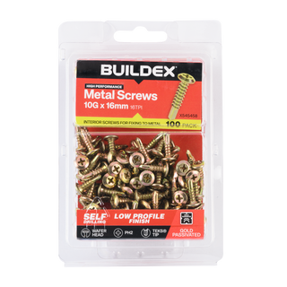 Buildex 10G x 16mm Gold Passivated Sheet Metal Screws - 100 Pack