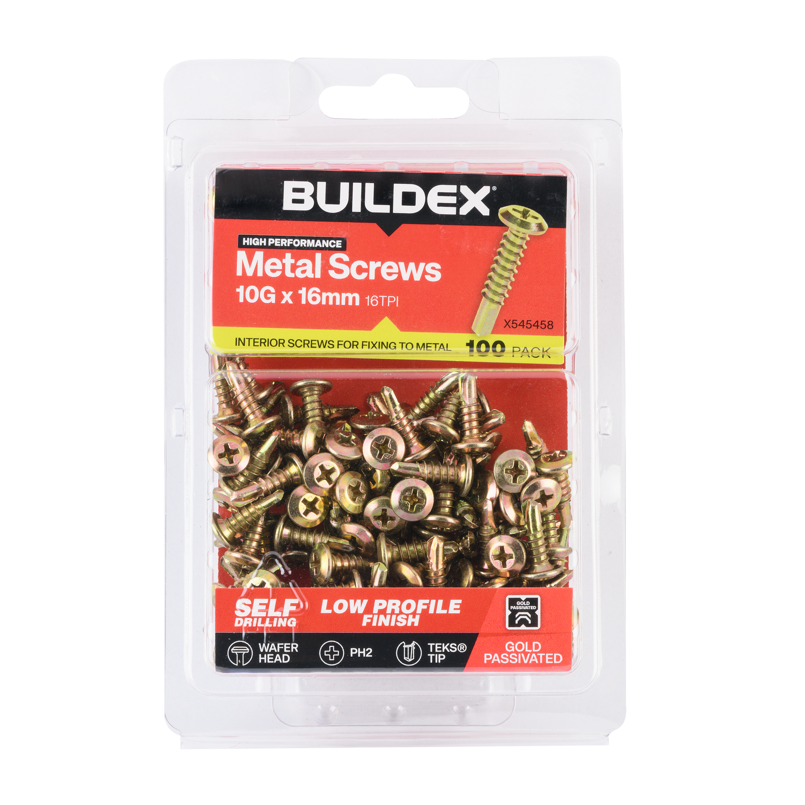 Buildex 10G x 16mm Gold Passivated Sheet Metal Screws - 100 Pack - Image 1 of 9