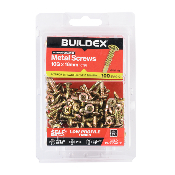 Buildex 10G x 16mm Gold Passivated Sheet Metal Screws - 100 Pack