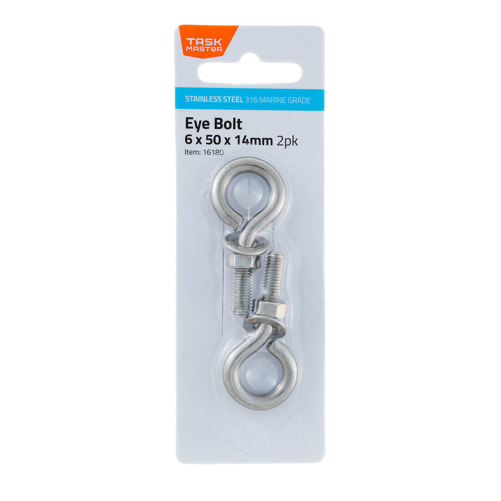 Taskmaster 6 x 50 x 14mm 316 Stainless Steel Eye Bolt - 2 Pack - Image 1 of 4