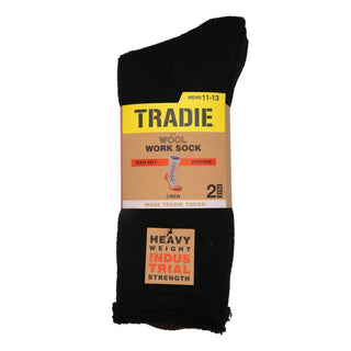 Tradie Men's Black Wool Crew Socks 2 Pack Size 7-10