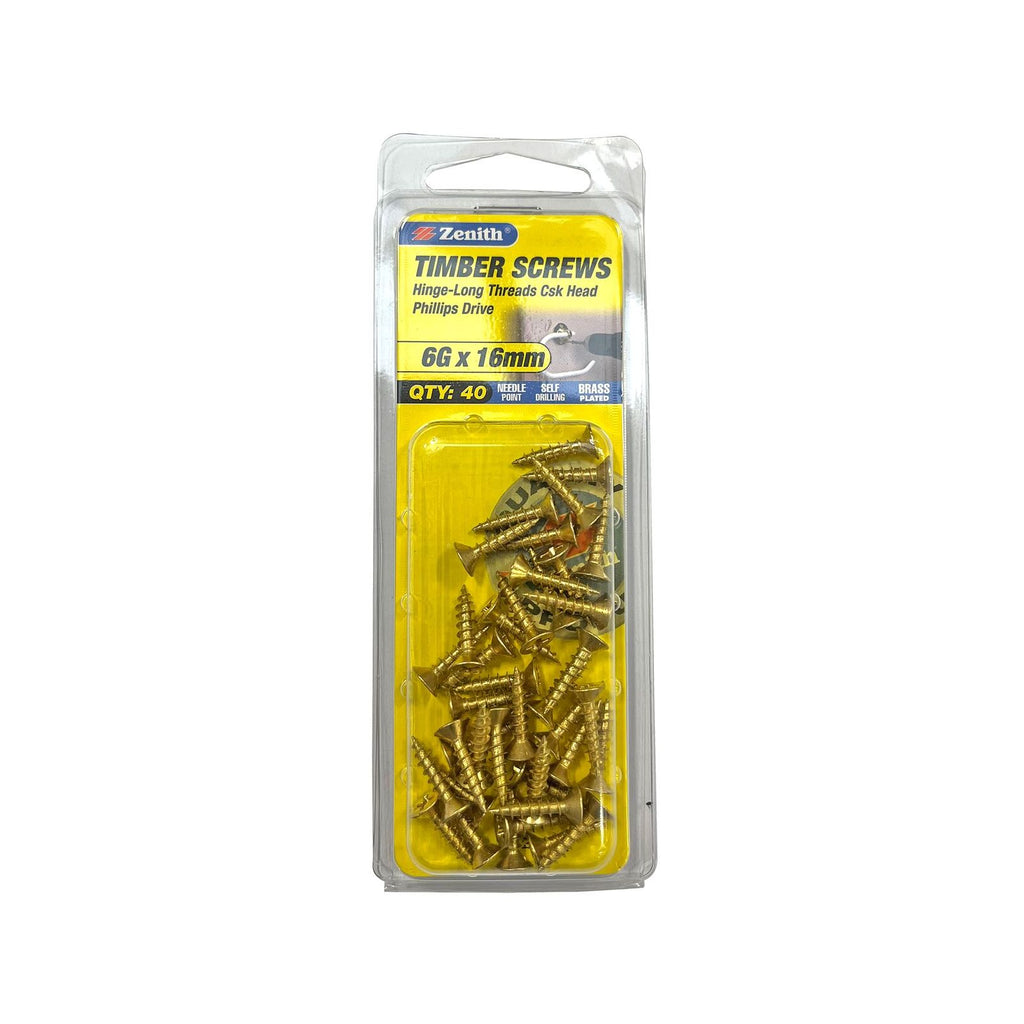 Zenith 6G x 16mm Brass Plated Hinge-Long Threads Countersunk Head Timber Screws - 40 Pack - Image 2 of 2