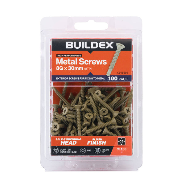 Buildex 8G x 30mm Class 3 Sheet Metal Screws - 100 Pack