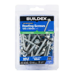 Buildex 12G x 50mm Class 3 Roofing Screws with Seal - 50 Pack