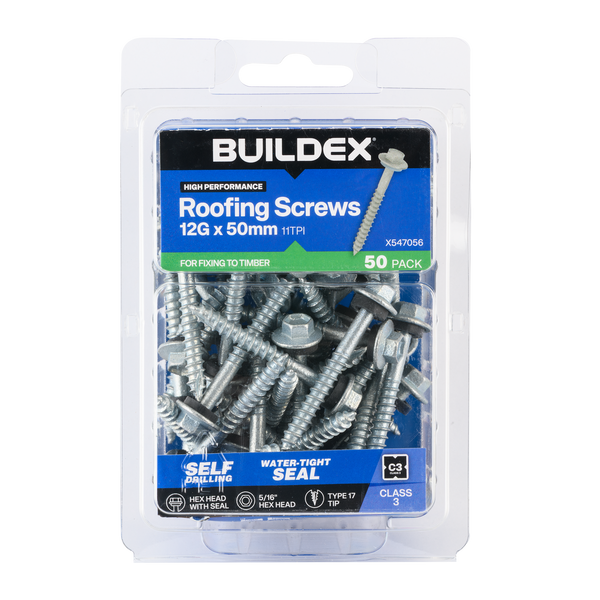 Buildex 12G x 50mm Class 3 Roofing Screws with Seal - 50 Pack