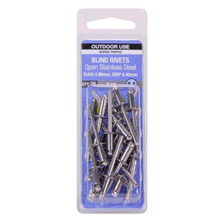 Otter 4.8 x 6.4mm Open Stainless Steel Blind Rivets - 25 Pack