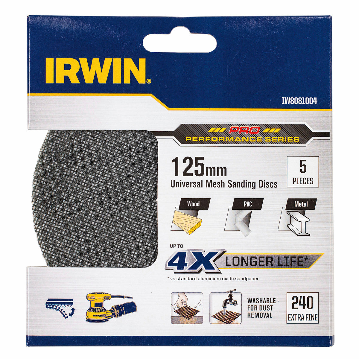 Irwin 125mm 240 Grit Orbital Sanding Disc - 5 Pack - Image 1 of 3