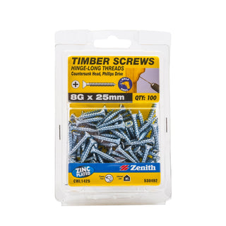Zenith 8G x 25mm Zinc Plated Hinge-Long Thread Countersunk Head Timber Screws - 100 Pack