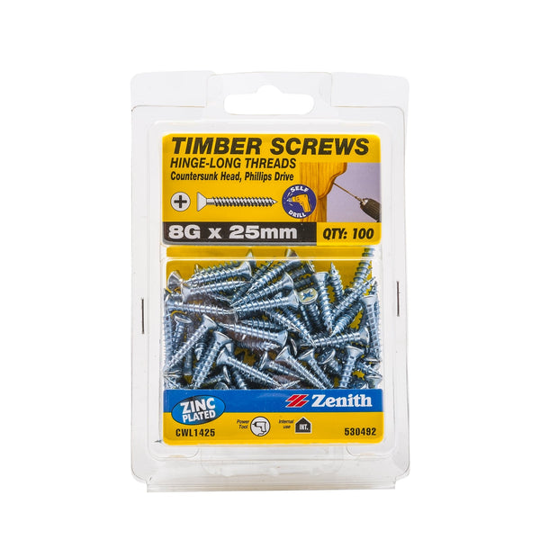 Zenith 8G x 25mm Zinc Plated Hinge-Long Thread Countersunk Head Timber Screws - 100 Pack