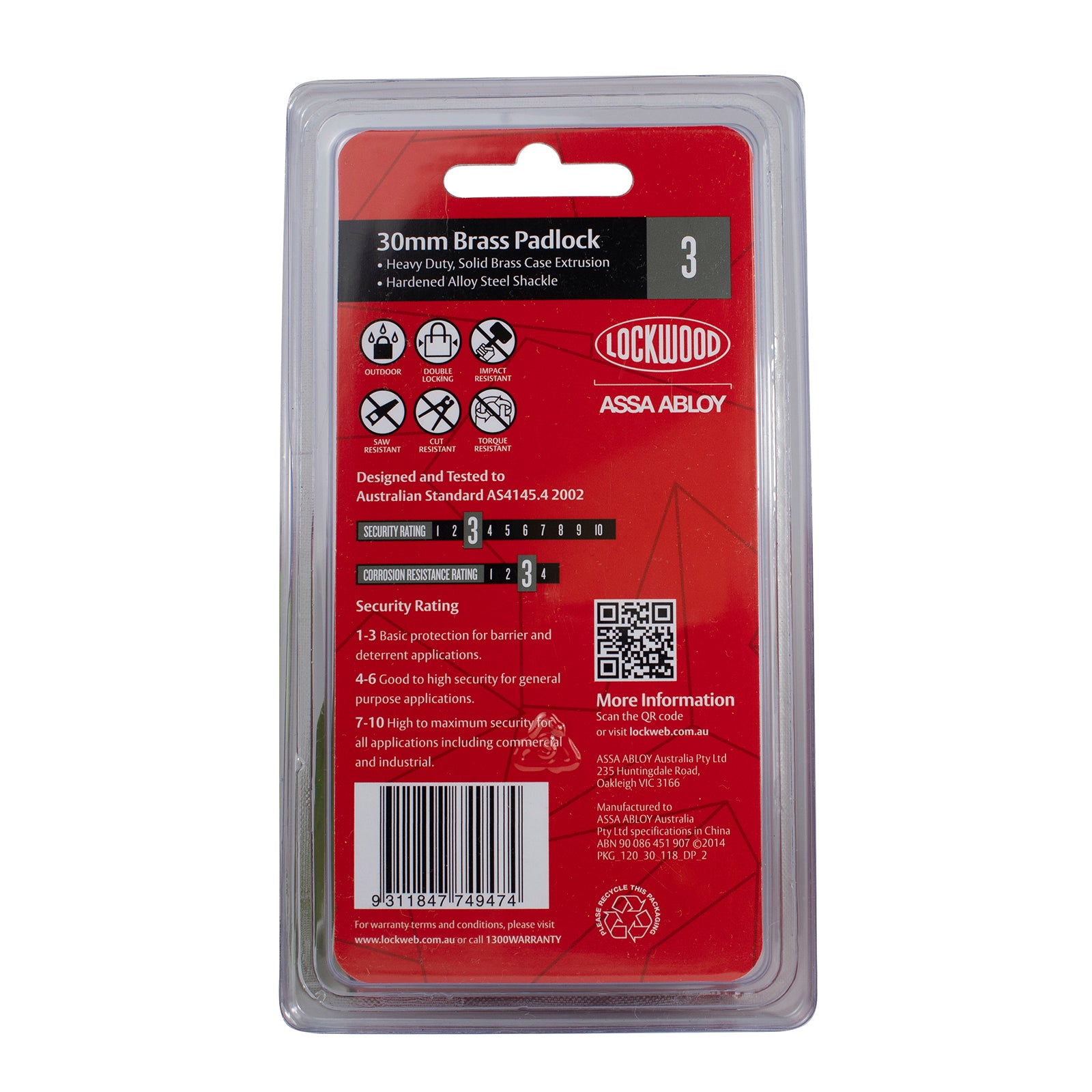 Lockwood 30mm Solid Brass 120 Series General Purpose Padlock - Image 10 of 10