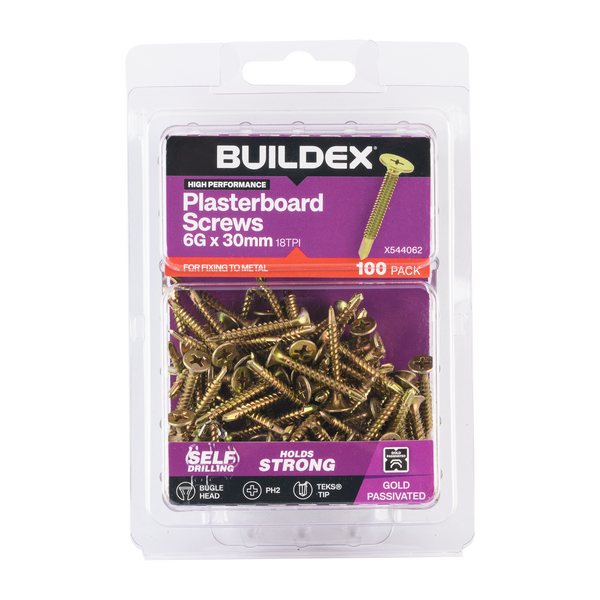 Buildex 6G x 30mm Gold Passivated Plasterboard Screws (TEKS® Tip) - 100 Pack
