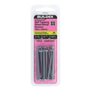 Buildex 10G x 50mm Zinc Plated Self Tapping Sheet Metal Screws - 14 Pack