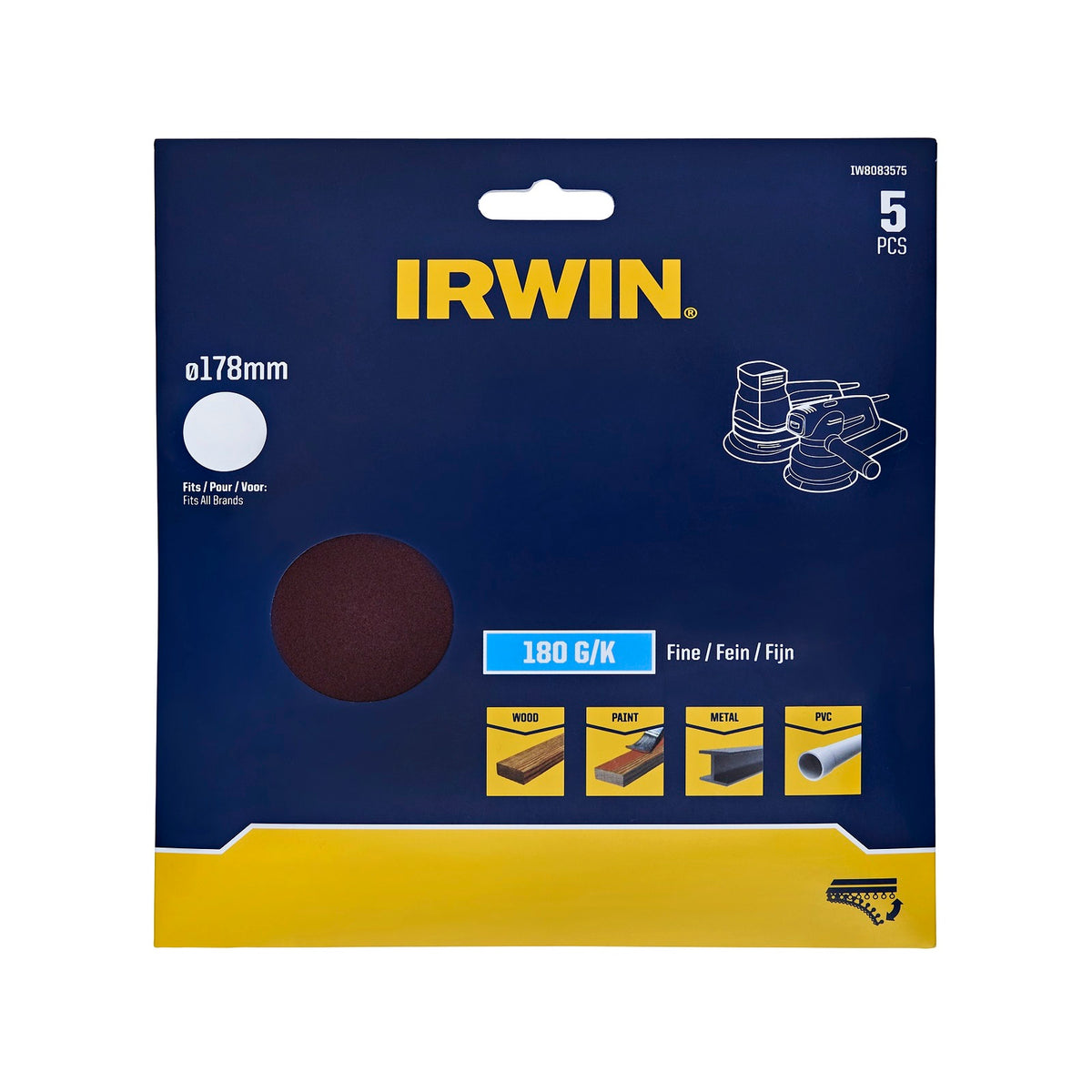 IRWIN 178mm 180 Grit No Holes Quick Fit Random Orbital Sanding Discs - 5 Pack - Image 1 of 2