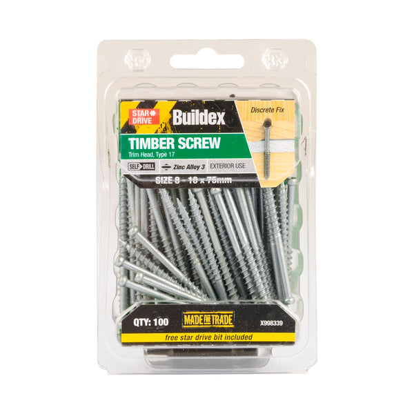Buildex® 8 - 10 x 75mm Zinc Alloy 3 Trim Head Timber Screw - 100 Pack
