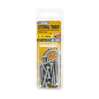 Zenith 8 - 10 x 40mm Galvanised Countersunk Rib Head External Timber Screws - 20 Pack