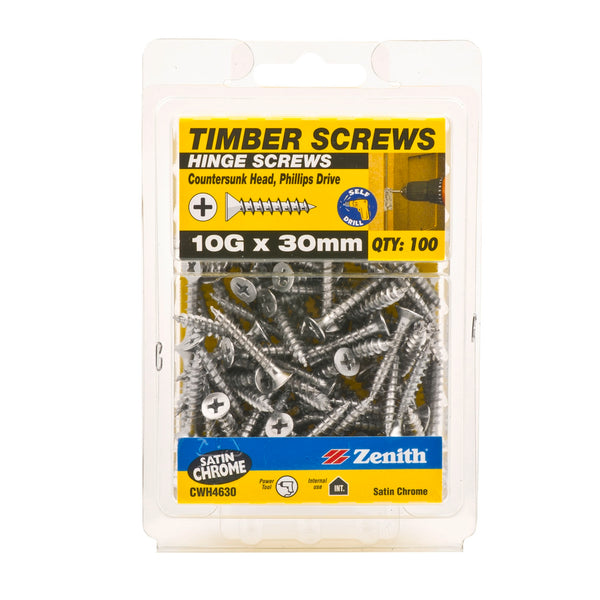 Zenith 10G x 30mm Satin Chrome Countersunk Head Hinge Timber Screw - 100 Pack