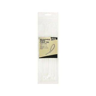 Click 250mm White Releasable Cable Tie - 25 Pack
