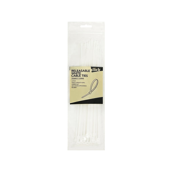 Click 250mm White Releasable Cable Tie - 25 Pack
