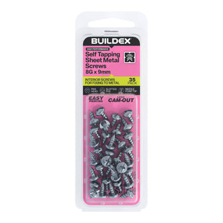 Buildex 8G x 9mm Zinc Plated Self Tapping Sheet Metal Screws - 35 Pack