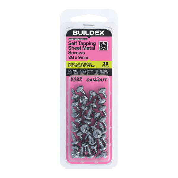 Buildex 8G x 9mm Zinc Plated Self Tapping Sheet Metal Screws - 35 Pack