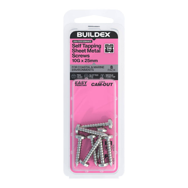 Buildex 10G x 25mm SS316 Self Tapping Sheet Metal Screws - 8 Pack
