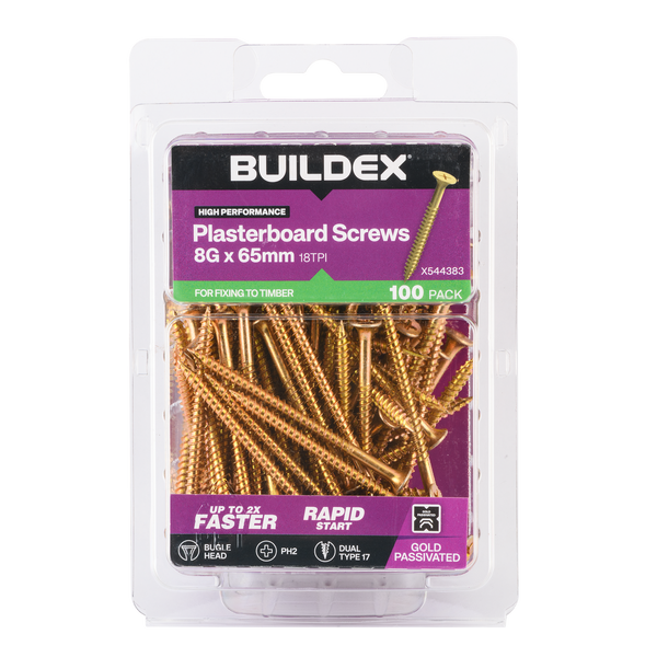 Buildex 8G x 65mm Gold Passivated Plasterboard Screws - 100 Pack